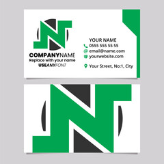 Green and Black Business Card Template with Round Bold Letter N Logo Icon