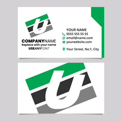 Green and Black Business Card Template with Rectangular Letter U Logo Icon