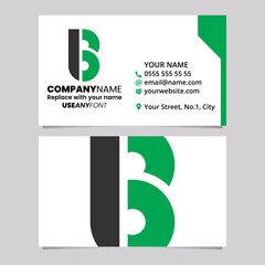 Green and Black Business Card Template with Round Disk Shaped Letter B Logo Icon