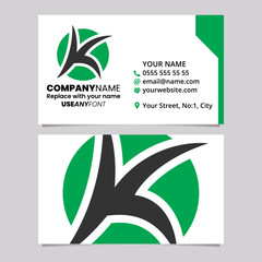 Green and Black Business Card Template with Round Pointy Letter K Logo Icon