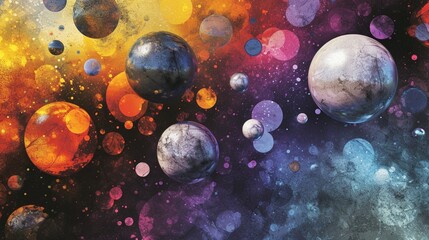 Colorful circles or balls in modern abstract background, creative graphic art pattern, blue purple white black yellow orange and red colors with grunge texture and geometric pattern