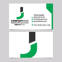 Green and Black Business Card Template with Split Shaped Letter J Logo Icon