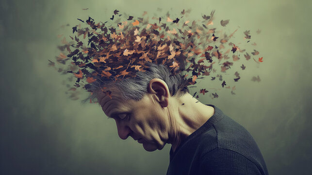 Person's head exploding into autumn leaves.