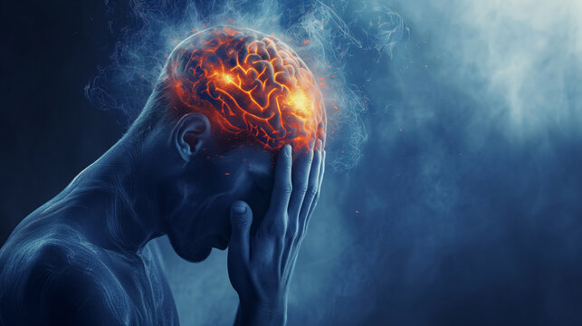 Illustration Of A Man With A Glowing Brain In Pain.