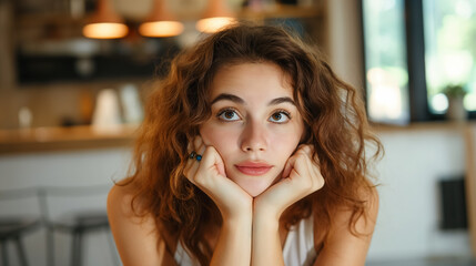 Dreamy young woman resting chin on hands. - obrazy, fototapety, plakaty