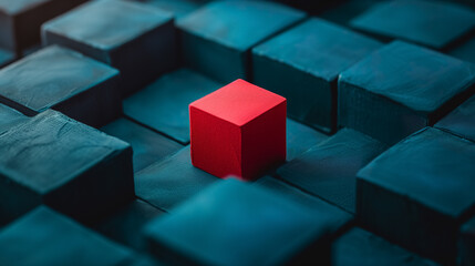 Red cube standing out in a sea of blue cubes.