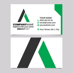 Green and Black Business Card Template with Trapezium Shaped Letter A Logo Icon