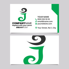 Green and Black Business Card Template with Swirly Letter J Logo Icon