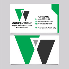 Green and Black Business Card Template with Triangle Shaped Letter W Icon