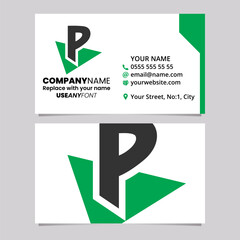 Green and Black Business Card Template with Triangle Letter P Logo Icon