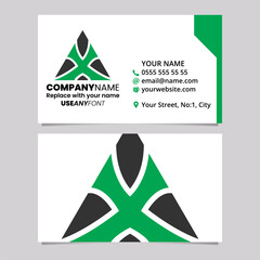 Green and Black Business Card Template with Triangle Shaped Letter X Logo Icon
