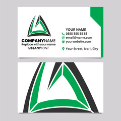 Green and Black Business Card Template with Triangular Spiral Letter A Logo Icon