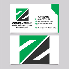 Green and Black Business Card Template with Triangular Square Shaped Letter Z Logo Icon