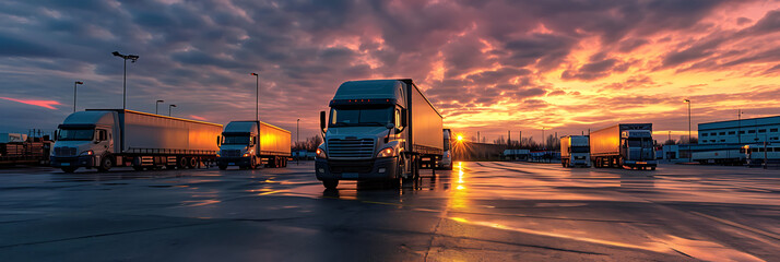 trucks parked at dusk and sunset in a commercial park, linear perspective, emphasis on linear perspective