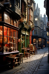 Naklejka premium Twilight over a quaint European street, lined with vintage shops and glowing lanterns