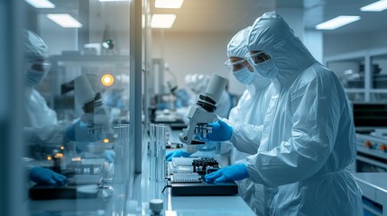 Scientists in Sterile Cleanroom Suits Control Manufacturing Machinery Work and Use Microscopes for Research, Doctors do tests in the laboratory. - obrazy, fototapety, plakaty