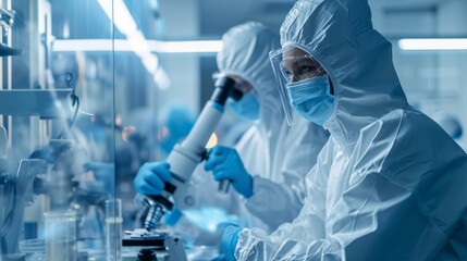 Scientists in Sterile Cleanroom Suits Control Manufacturing Machinery Work and Use Microscopes for Research, Doctors do tests in the laboratory. - obrazy, fototapety, plakaty