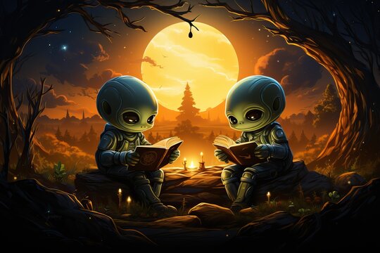 Alien creatures sit in a cave with an open fire and read books.