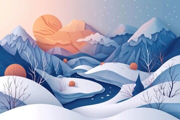 A serene paper cut art illustration of a winter wonderland scene with snow-covered trees, a winding river, and a soft moonlight glow..