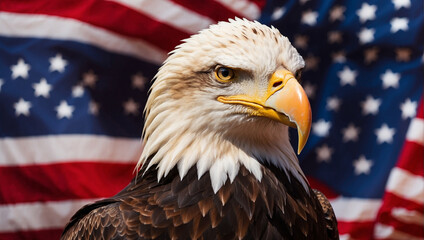 Eagle with blurred american flag background