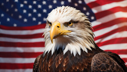 Eagle with blurred american flag background
