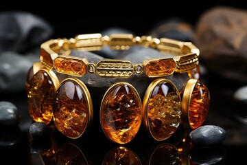 An exquisite and expensive amber bracelet on the hand. - obrazy, fototapety, plakaty