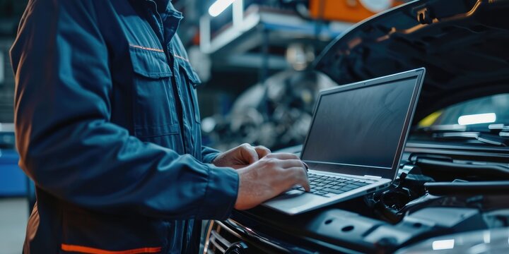 Computer diagnostics. An automotive mechanical technician using laptop computer programming. Car maintenance service concept