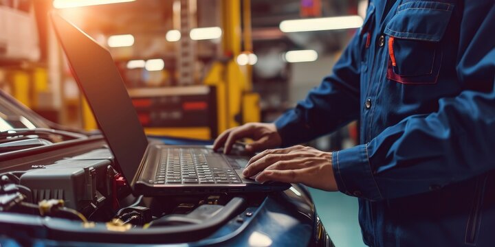 Computer diagnostics. An automotive mechanical technician using laptop computer programming. Car maintenance service concept