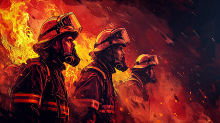 Fototapeta na wymiar Group of professional firefighters wearing full equipment, oxygen masks, and emergency rescue tools,emergency workers illustration