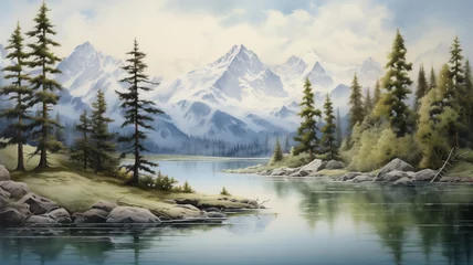 Fotobehang Majestic Mountain Scenery in Watercolor Art, Serene Watercolor Forest Landscape with Pine Trees, lake and snow on mountains. © NaphakStudio