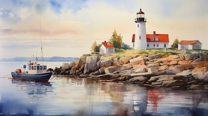 Fototapeta na wymiar Mesmerizing watercolor painting portraying a peaceful harbor with fishing boats and a lighthouse.