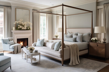 Design a luxurious master bedroom suite with a four-poster bed, silk drapes, and a marble fireplace. Use a muted color palette of ivory, taupe, and pale blue for a calming effect.