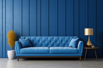 Blue sofa against wall. Home interior design of modern living room. Contemporary Comfort, Spacious Modern Living Room in a Minimalist Loft.