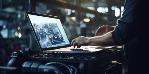 Computer diagnostics. An automotive mechanical technician using laptop computer programming. Car maintenance service concept - obrazy, fototapety, plakaty
