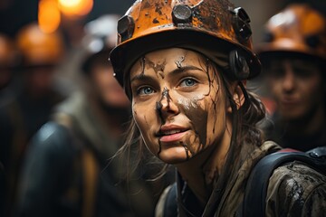 Portrait of a miner's girl with a dirty and wet face.