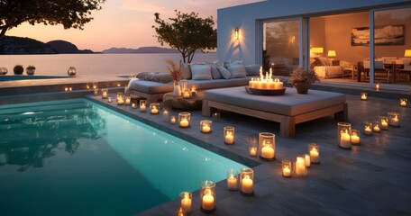 A Pool at Dusk, Beautifully Illuminated by the Warm Glow of Surrounding Candles