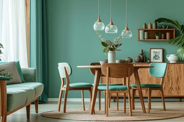 Keuken foto achterwand Wooden chairs at round wood table in room with sofa and cabinet near wall. Scandinavian, mid-century home interior design of modern living room. © NaphakStudio