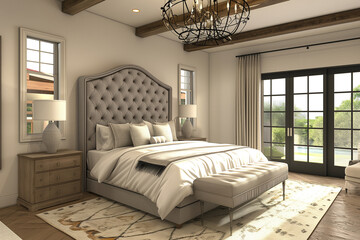 Design a luxurious master bedroom suite with a four-poster bed, silk drapes, and a marble fireplace. Use a muted color palette of ivory, taupe, and pale blue for a calming effect.