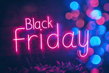 Black Friday neon sale banner glowing with discount offer light in background creative design and illustration for night advertising promotion bright text on retro sign poster business promo template