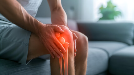 Young man with knee pain at home with highlighted knee, sport injuries health concept
