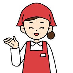 エプロンを着けた女性店員が案内している