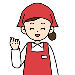 エプロンを着けた女性店員がガッツポーズをしている