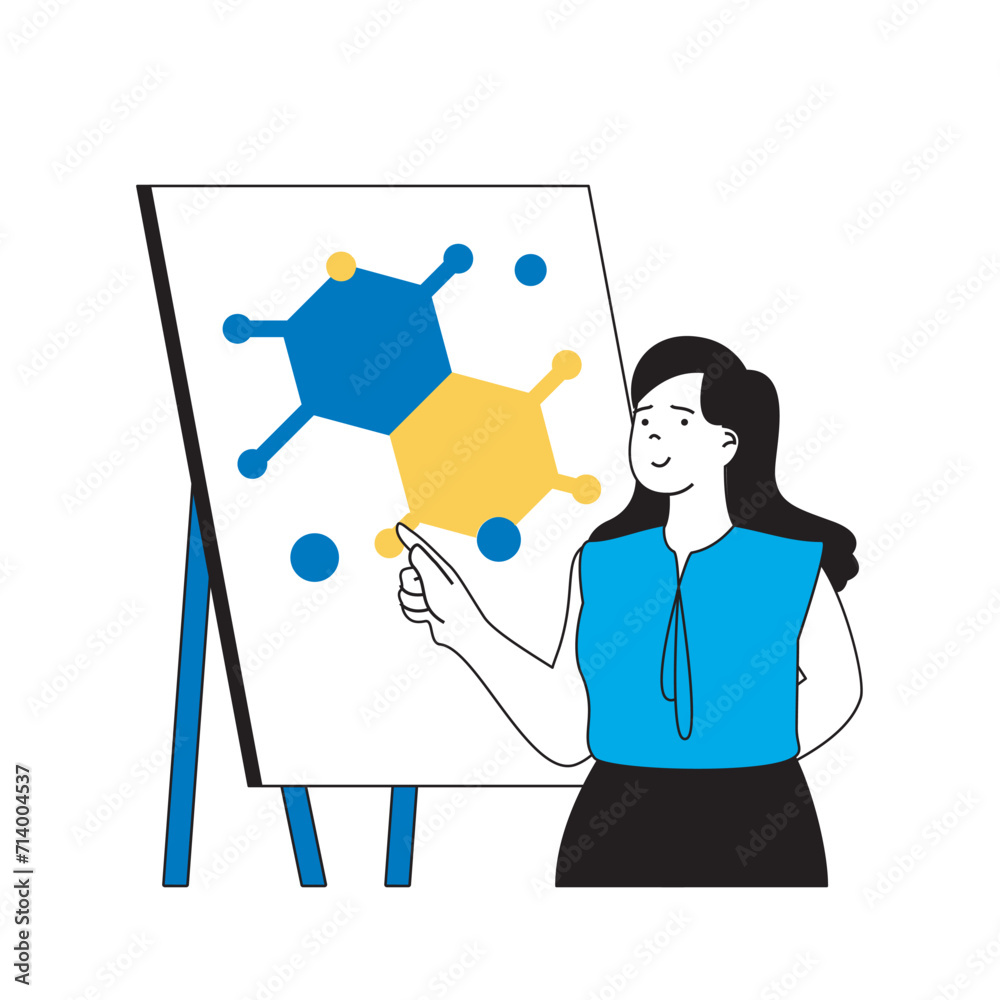 Poster science laboratory concept with cartoon people in flat design for web. scientist making presentation