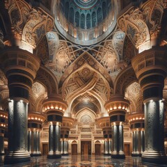 Eid celebration banner with crescent moon behind mosque and calligraphy Eid-ul-fitr, holiday. Gen Ai