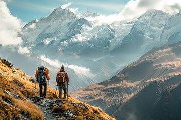 Obraz premium Hikers trekking through mountain trails, high in the mountain. Nature landscape.