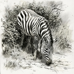Fototapeta na wymiar Careful Zebra Grazing in Grassland