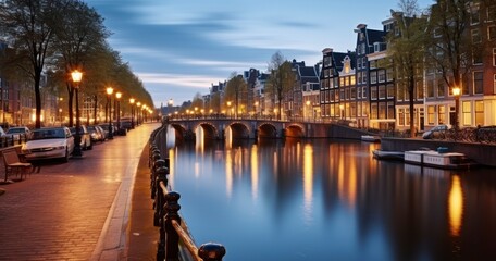 Fototapeta premium View to town canal by evening twilight