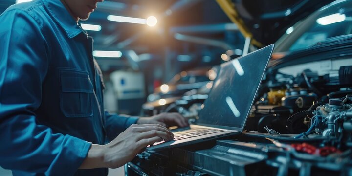 Computer diagnostics. An automotive mechanical technician using laptop computer programming. Car maintenance service concept
