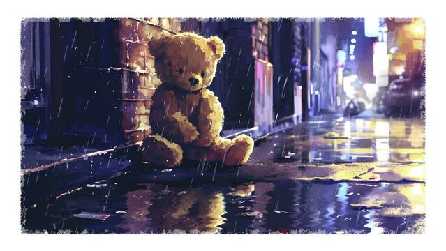 Abandoned teddy bear on the side of the road during a rainy night, sad scene, animated background