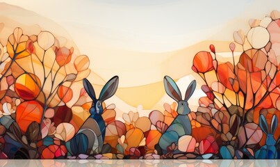 Easter bunnies on orange stained glass background generated AI